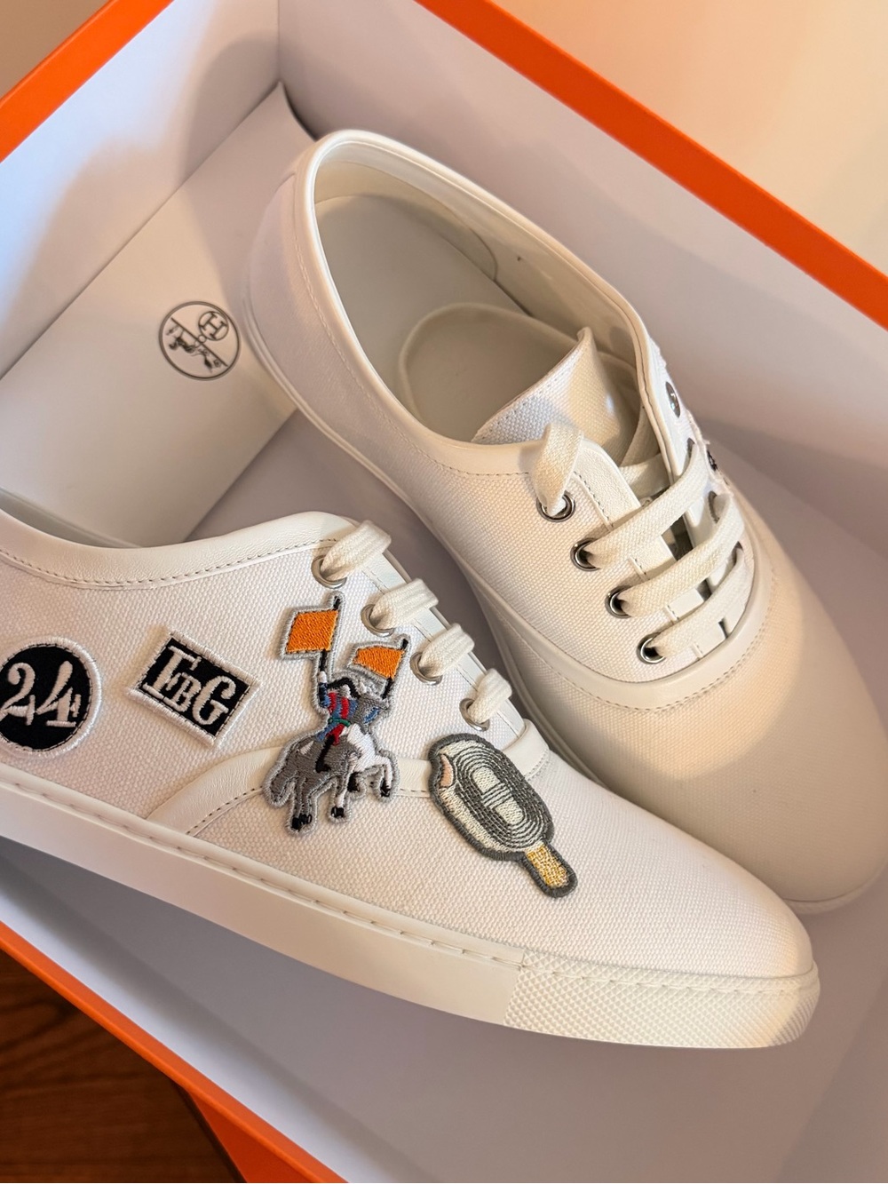 Hermes White Canvas Women’s Sneakers with Embroidered Patches